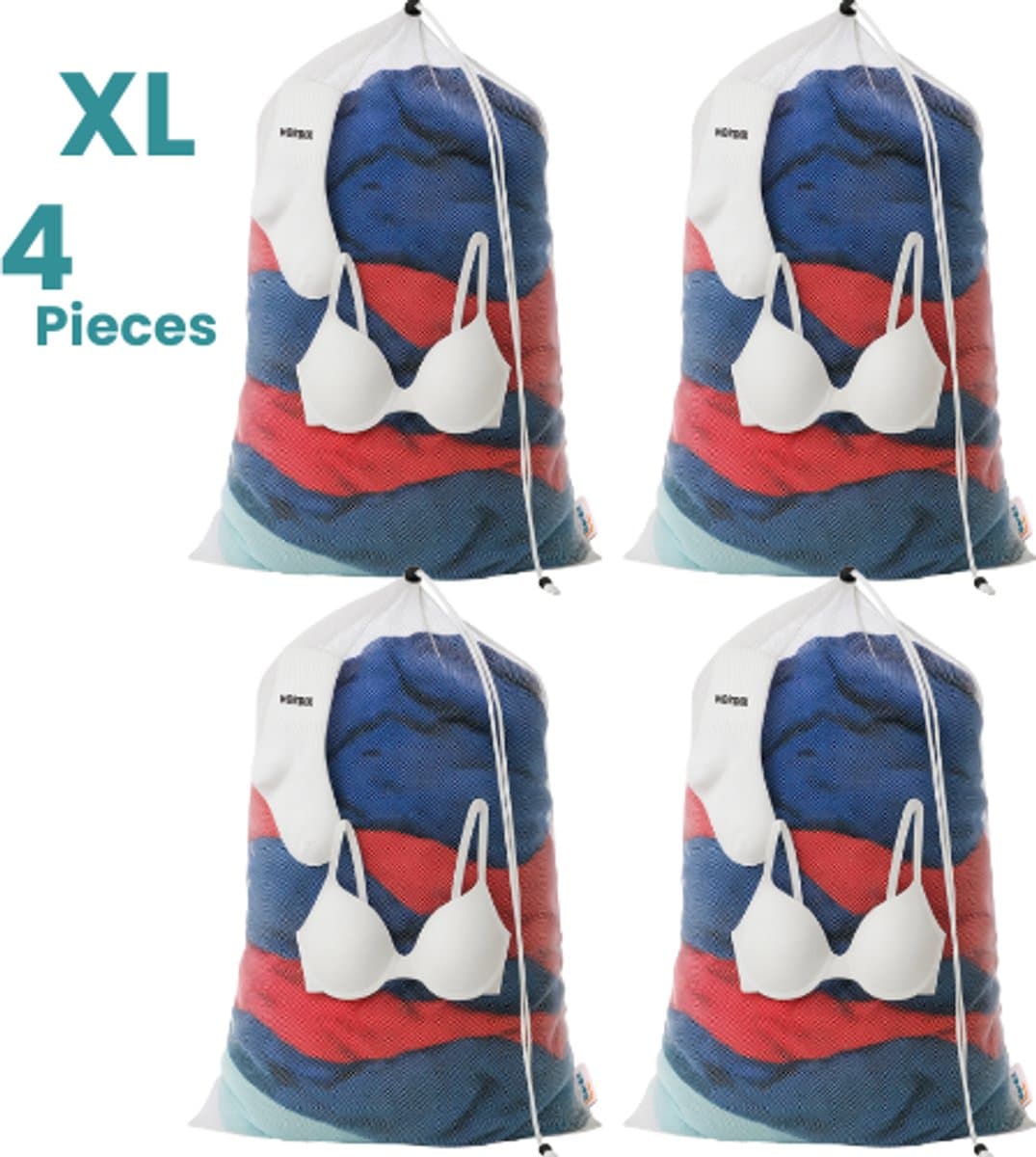 NORDIX Waszak Groot XL - 60x90CM - Waszakken - 4 Stuks - Laundry Bag - Wasnet - Waszakje - Treksysteem - Trekbandsluiting - Polyester - Schoenenzak - WHITE — afbeelding 1