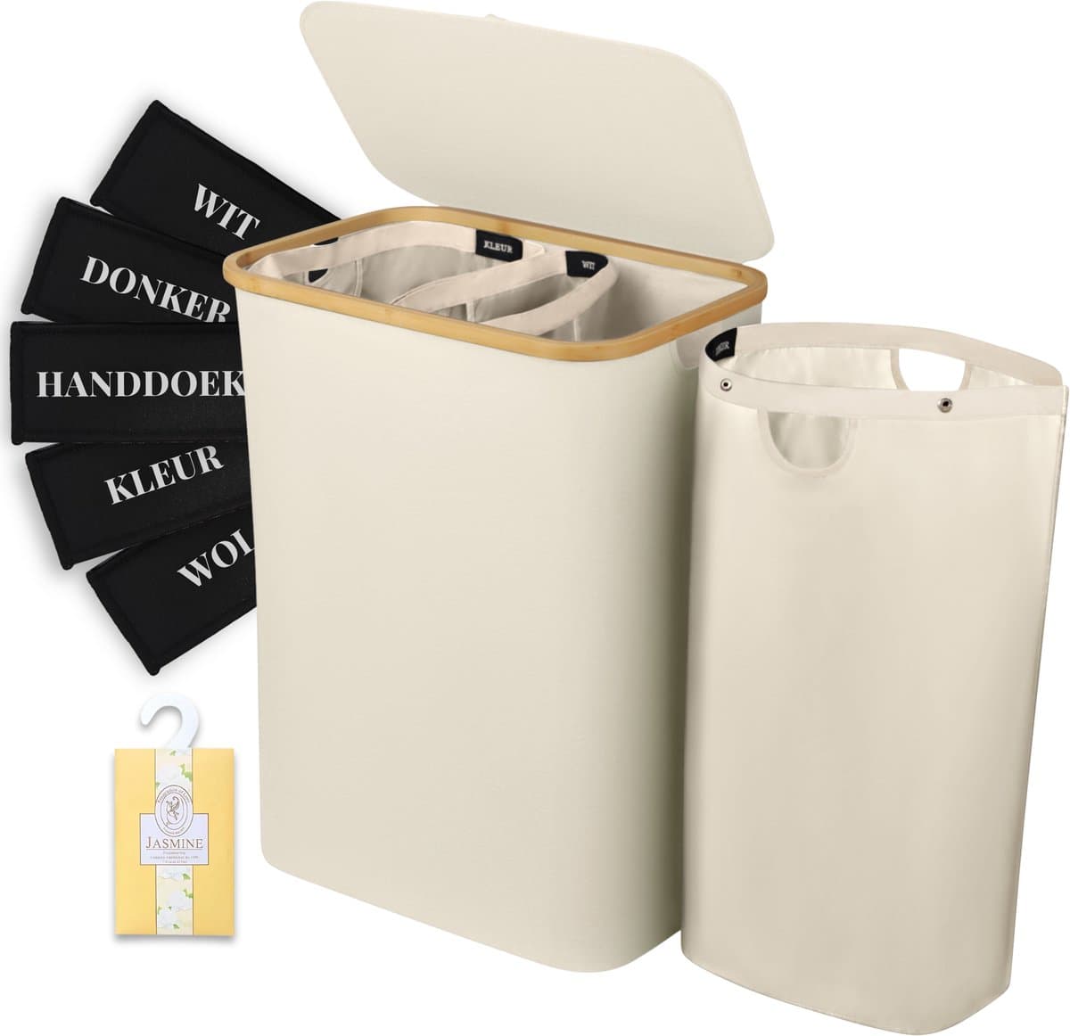 Sivableu Wasmand Beige 3 vakken – Wassorteerder – 160L – 3 uitneembare zakken – Wasmand met Deksel – opvouwbaar - Laundry Basket - Wasbox - Bamboe - Labels — afbeelding 1