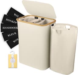 Sivableu Wasmand Beige 3 vakken – Wassorteerder – 160L – 3 uitneembare zakken – Wasmand met Deksel – opvouwbaar - Laundry Basket - Wasbox - Bamboe - Labels — thumbnail 1