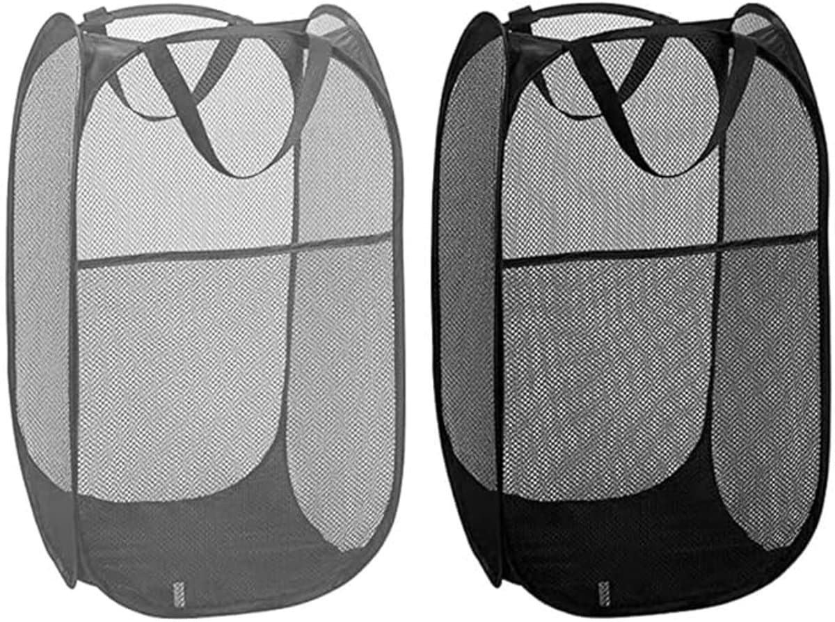 2-Delige opvouwbare wasmand - Opbergmand van gaas - Waszak - Opvouwbare wasmand - Opvouwbare wasmand met verstevigde handgrepen - Geschikt voor zakenreizen - reizen en kamperen (zwart, grijs) — afbeelding 1