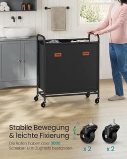 Furnstar Wasmand - Wasmand met wieltjes - 2 vakken - 140L wassorteerder - Beweegbare waswagen - Met 5 etiketten - Voor bijkeuken slaapkamer badkamer - Inktzwart — thumbnail 3