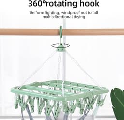 Opvouwbaar hangend kledingrek met 32 klemmen - kleerhangers - kleerhangers kunststof - Multifunctioneel windbestendig droogrek - Droogrek voor sokken en ondergoed - Huishoudelijk plastic kledingdroogrek - Hangend droogrek - groen — thumbnail 2