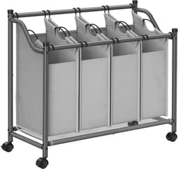Wasmandsorteerder op wieltjes Wasverzamelwagen met 4 afneembare zakken 4 x 35 liter Voor wasruimte, slaapkamer, badkamer 87,5 x 38,5 x (67 - 81) cm Grijs — thumbnail 1