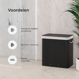 Organess wasmand 3 vakken - Wassorteerder - Wasmand met deksel - Opvouwbaar - 150L - Bamboe - Zwart — thumbnail 4