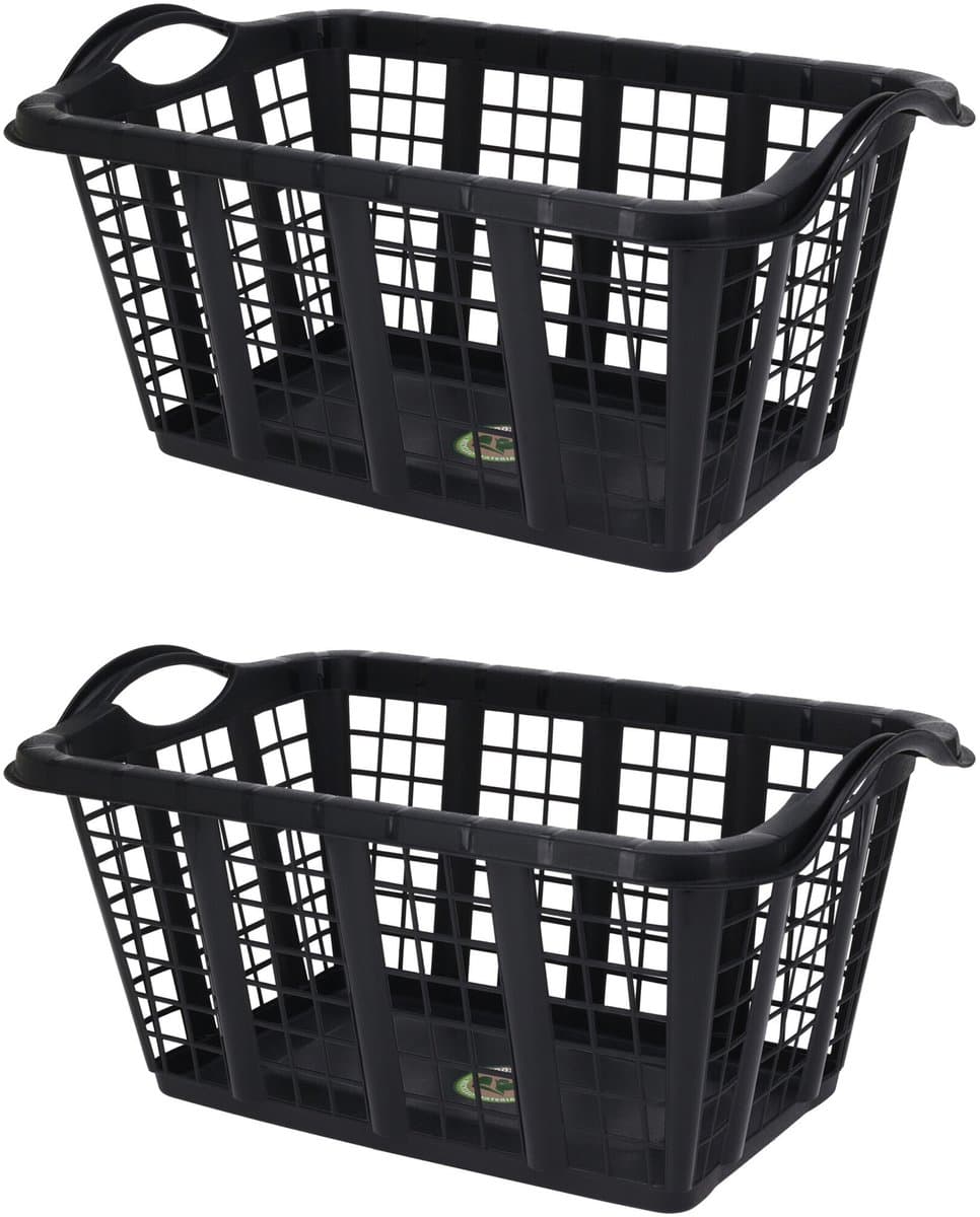 Storage Solutions wasmand met handvatten - 2x stuks - zwart - 37 liter - 60 x 40 x 30 cm — afbeelding 1