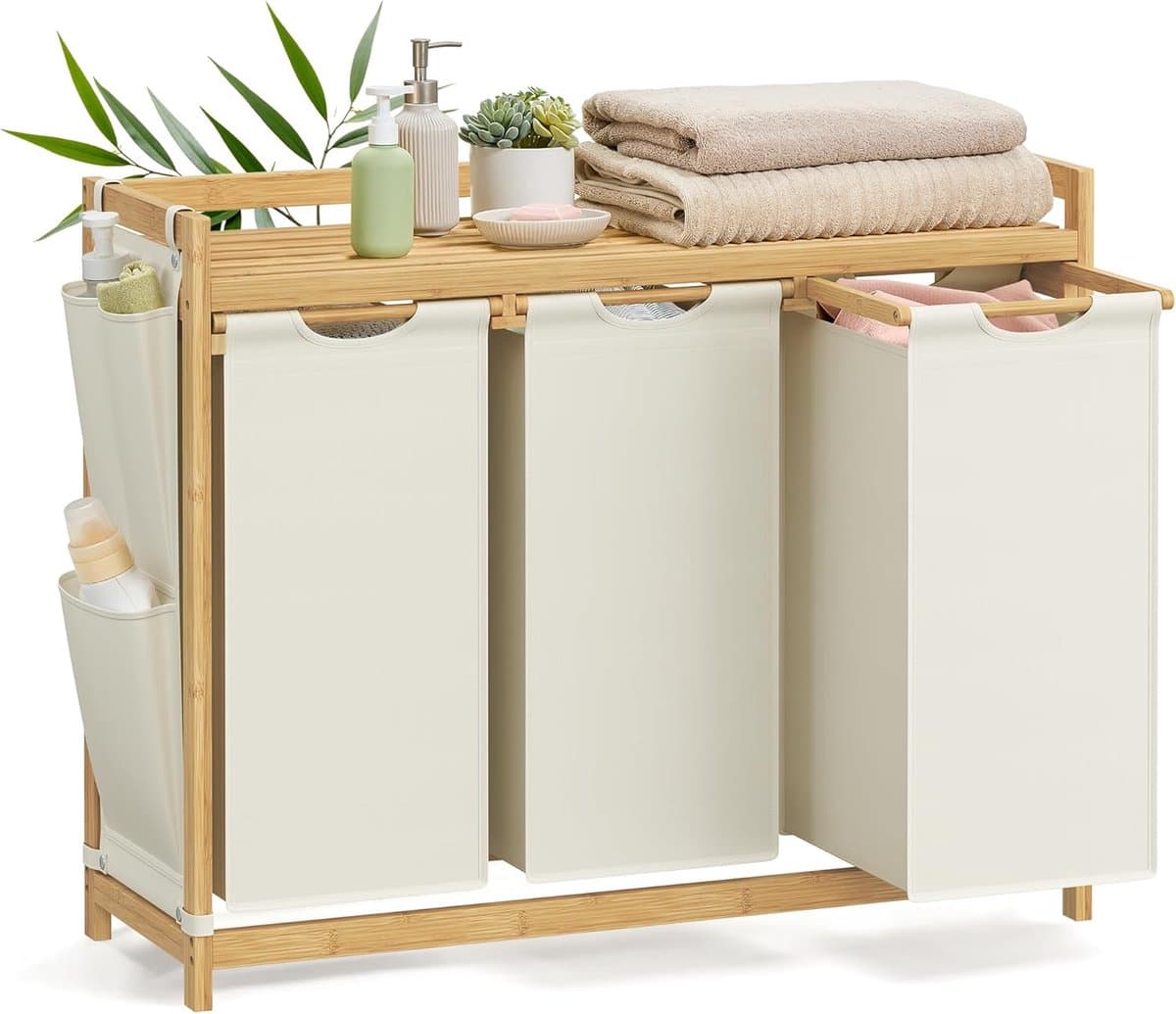 Conway Living® Wasmand 3 vakken – wassorteerder - wasmanden - wasbox - wasmand hout - wasmand - wasmanden bruin - 150 liter - 3 zakken - uitschuifbaar met plank - 94 x 33 x 78 cm — afbeelding 1
