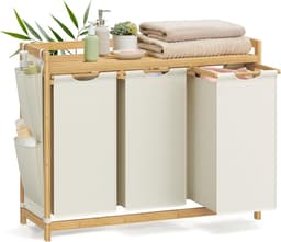 Conway Living® Wasmand 3 vakken – wassorteerder - wasmanden - wasbox - wasmand hout - wasmand - wasmanden bruin - 150 liter - 3 zakken - uitschuifbaar met plank - 94 x 33 x 78 cm — thumbnail 1