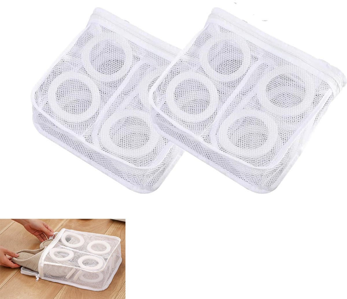 2-stuks Wasmachine schoenentas - Vierkante mesh schoenen opbergtas - Schoenentas met rits - Anti-deformatie - Mesh ontwerp - Lichtgewicht en draagbaar - Met handvat - Geschikt voor sneakers, slippers, ondergoed, yogabroeken, sokken, etc. - Wit — afbeelding 1