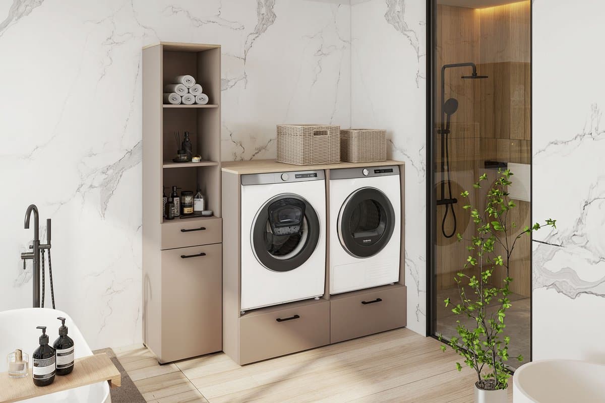 Trendmeubel - Wasmachine droger ombouw en kast met wasmand- 132 cm - Beige — afbeelding 1
