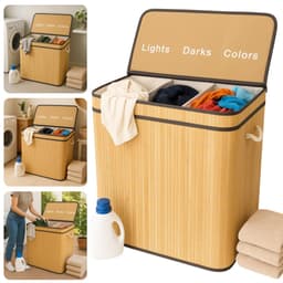 Cheqo® Wasmand 3 Vakken - Wassorteerder - Bamboe Materiaal - Uitneembare Waszak - Licht Donker Kleur - 100 Liter Inhoud - Naturel Kleur - Wasbare Binnenzak - Wasgoed Organizer - Gescheiden Was — thumbnail 1