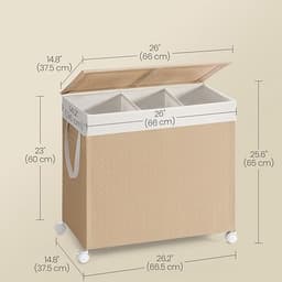 Waskorf, vuilewasmand met 3 vakken, waszak, handvat, deksel en wielen, 150 liter grote opslagcapaciteit, geschikt voor wasruimte, badkamer en slaapkamer, 66.5 x 37.5 x 65 cm, naturel. — thumbnail 2