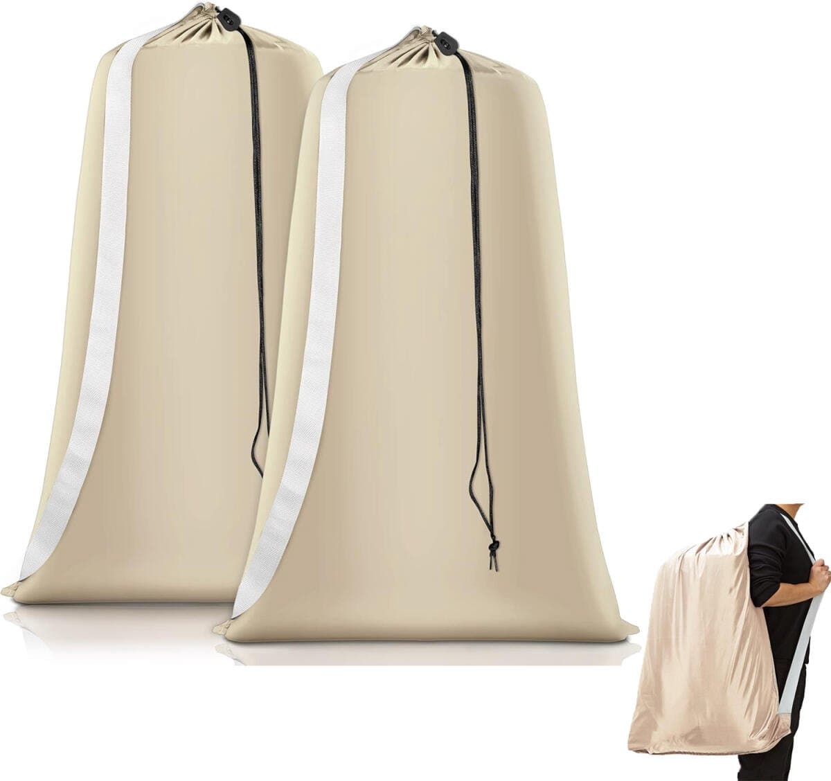 2 stuks - Waszak - Stevige waszak - Reiswaszak - Opbergzak voor vuile was - Waszak groot - Waszak Wasmachine - Tas Wasnetten - Beschermende waszak voor kleding - Waszakken voor wasgoed - met riemen - met trekkoordsluiting - 70*100 cm - beige — afbeelding 1