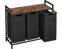 MKSS® Wasmand 3 Vakken - Wassorteerder - Wasmand met Deksel - Zwart met Hout — afbeelding 1