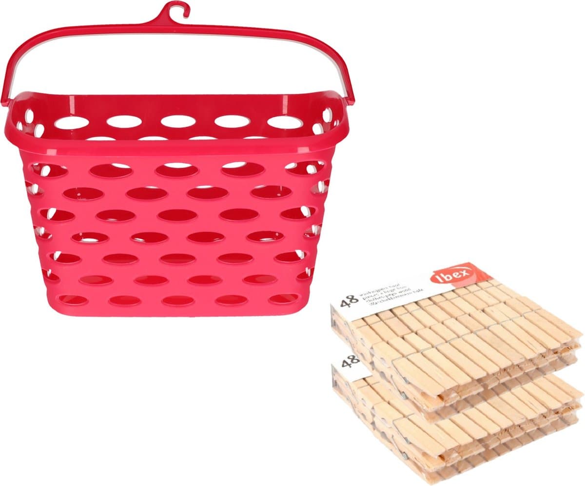 Wasknijpers ophangmandje met haak - fuchsia - en 96x houten wasknijpers van Sorbo - was ophangen — afbeelding 1