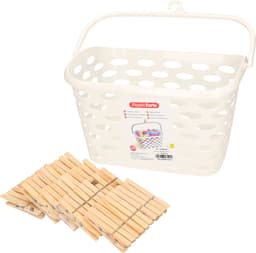 Wasknijpersmandje met haak - creme wit - en 100x houten wasknijpers 7 cm - was ophangen — thumbnail 1