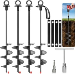 SnelShoppen - Zware Roestvrijstalen Grondankers 45 cm - 4 Stuks Schroefankers met Banden en Montagegereedschap - Windvaste Bevestigingskit voor Trampo — thumbnail 1
