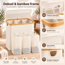 YYchan Wasmand 3 Vakken-Wasmand Met Deksel-Wassorteerder Bamboe-Oxford-Stof-Laundry Basket-Classificatielabel-Beige-145L — thumbnail 4
