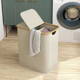 Dubbele opvouwbare wasmand van 80 liter met deksel - gegroefde handgrepen - beige — thumbnail 4