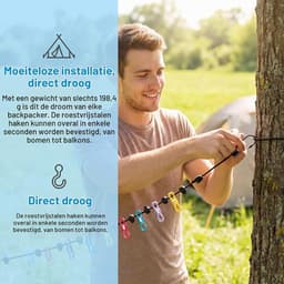 2 stuks waslijn camping, draagbare reiswaslijn, outdoor waslijn, uittrekbaar met 12 stuks klemmen en 13 stuks positionering welvingen, voor reizen, vakantie, outdoor, camping, slaapzaal (180-300 cm) — thumbnail 3