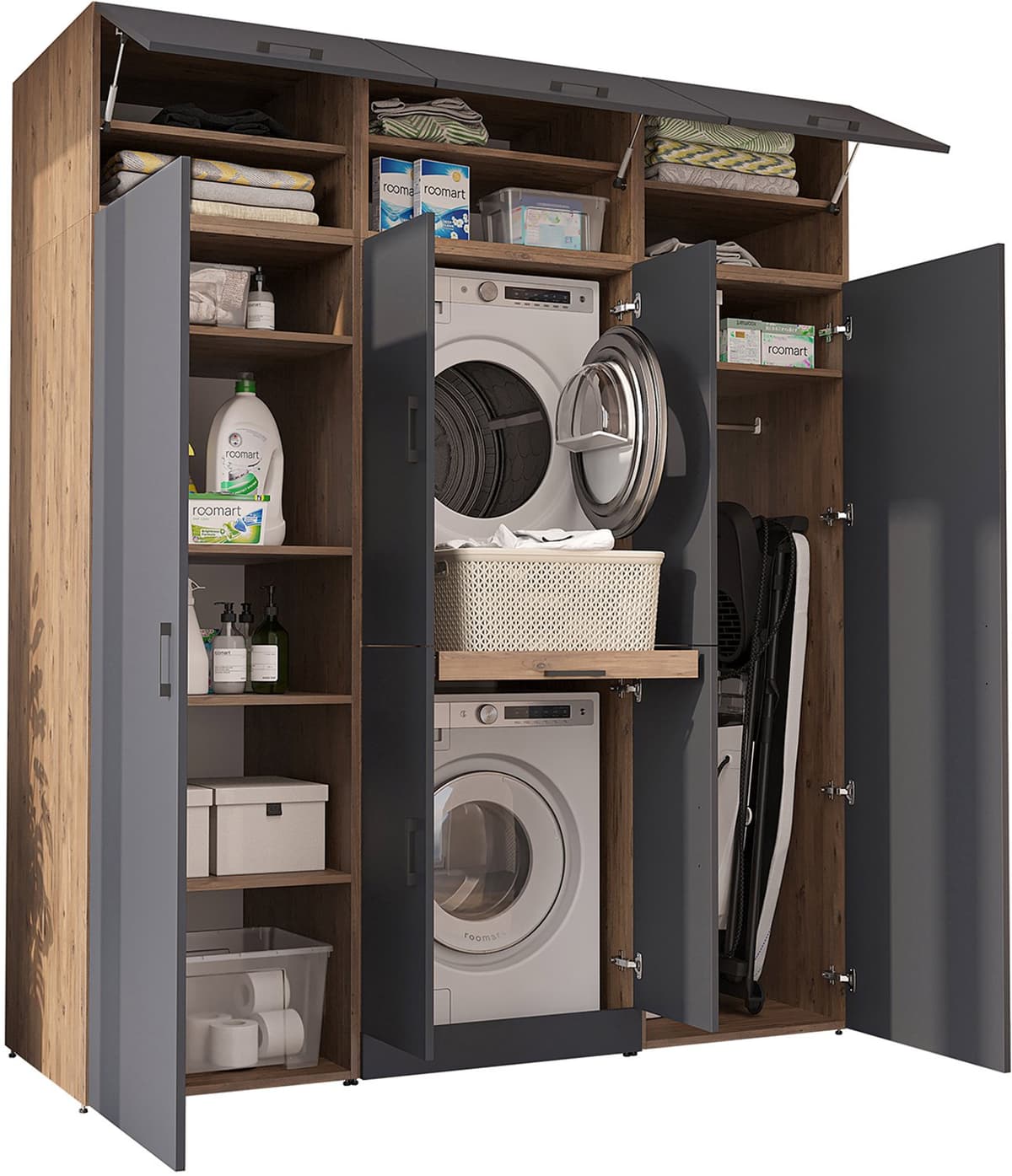 Roomart DORA-I Wasmachine Ombouwkast 190x230 cm - voor 2 Apparaten, 2 Hoge Kasten - Antraciet eiken — afbeelding 1