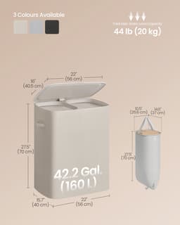 Beige Wasbox 56 x 40,5 x 70 cm met Deksel en 2 Vakken, Grote Wasmand 160 L met Uitneembare Waszakken, Opvouwbare Laundry Basket met Stabiel Frame en Handgrepen, Was Organizer voor Kleding Sorteren, Slaapkamer Badkamer — thumbnail 2