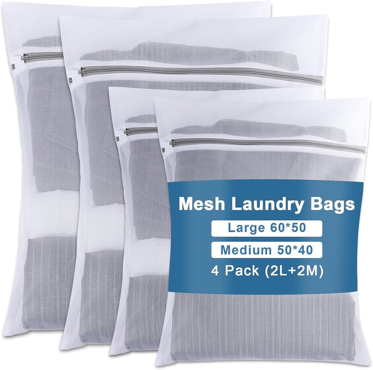 Set van 4 Wasnetten met Rits voor de Wasmachine, Duurzame en Herbruikbare Waszakken voor Kleding, Ondergoed, Sokken en Delicate Stoffen (2L + 2M) — afbeelding 1