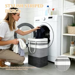 75L, katoen en linnen wasmanden met handgrepen voor slaapkamers, badkamers, woonkamers, opvouwbare wasmand voor huishoudelijke artikelen, kleding, speelgoed, zwartgrijze strepen, waterdichte — thumbnail 2