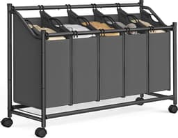 SONGMICS Wasmand met Wielen, Wasmand met 5 Uitneembare Waszakken, Waswagen, voor Wasruimte, Slaapkamer, Badkamer, 5 x 35 L, Leisteengrijs — thumbnail 1