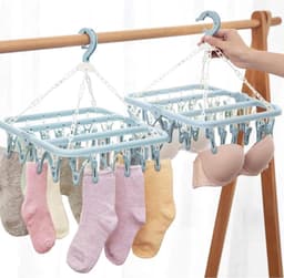 Hangend droogrek met 32 ​​knijpers — Veelzijdig rek voor sokken, ondergoed en kleine kledingstukken — Hoog draagvermogen, draaibare haak, stevige grip — Opvouwbaar, draagbaar en ruimtebesparend — 32 x 32 x 35 cm — thumbnail 1