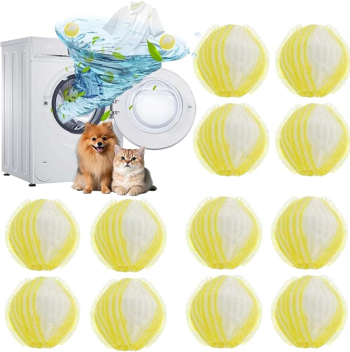 12 stuks anti-haren voor wasmachine, haarvanger, herbruikbaar, wasbal voor het vangen van dierenharen, haren en vezels op kleding, tapijt (geel) — afbeelding 1