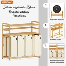 Wasmand Met Vakken - Kleding Opberger - Sorteer Wasgoed - Dubbele Bamboe Plank - 198 Liter - Beige — thumbnail 5