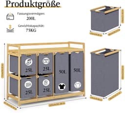 SnelShoppen - 200L Wasmand met 6 Vakken, Grote Wasverzamelaar en Wassorteerder met 2 Waszakken en 4 Stoffen Boxen, Bamboe Wasrek voor Badkamer en Slaa — thumbnail 5