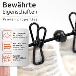 2x draagbare waslijn buiten met knijpers, outdoor-drooglijn elastisch Zwart wasdraad uittrekbaar camper accessoires — thumbnail 2