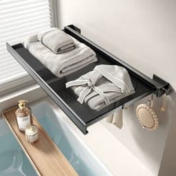 Uitschuifbaar Opklapbaar Droogrek - Wand Droogrek - Inklapbaar Wasrek - Wandgemonteerd Wasrek - Wasdroogrek Voor Badkamer Balkon Wasruimte - Aluminium Droogrek Met 6 Haken - Zwart — thumbnail 4