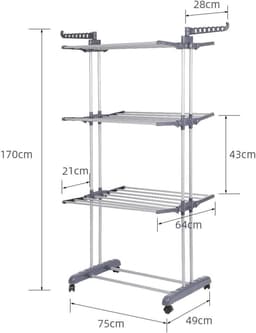 Droogrek Vier Niveaus - Kledingdroger Toren - Kleding Drogen - Inklapbaar Met Wielen - 75 x 64 x 170 cm — thumbnail 5