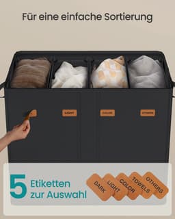 Golaro Wasmand - Wasmand met deksel - Wassorteerder - Wasmand 4 vakken - Wasmand zwart - Met labels en uitneembare waszak — thumbnail 5