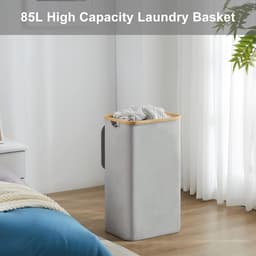 Wasmand met Deksel, 85 Liter, Smalle Vouwbare Wasmand van Hout en Bamboe, Ideaal voor Wassen en Organiseren, Grijs — thumbnail 5