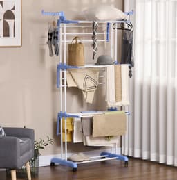 MEUNIQ Droogtoren 73 x 64 x 177 cm 4 niveaus met wielen en ophaakhaken uitklapbaar vrijstaand wasrek voor binnen en buiten staal blauw — thumbnail 1