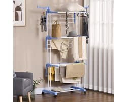 MEUNIQ Droogtoren 73 x 64 x 177 cm 4 niveaus met wielen en ophaakhaken uitklapbaar vrijstaand wasrek voor binnen en buiten staal blauw