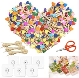 100 stuks hartvormige houten knijpers, klein, kleurrijke wasknijpers, hout, mini-wasknijpers met 30 m jute koord, schaar, 6 zelfklevende haken, 3,5 cm kleine klemmen voor foto's — thumbnail 1