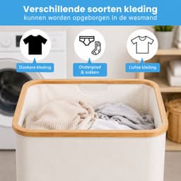Noventra - Wasmand 100 Liter - Wasmand met Deksel - Wasmand met Waszak - Bamboe Rand - Opvouwbaar - Wasgoed Wasmand - Kledingmand - Wasmand Badkamer - Wit — thumbnail 2