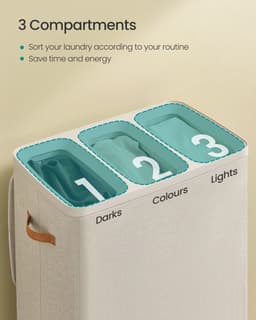 Conway Living® - Wasmand met 3 Vakken - 190 Liter - Wasbox met Deksel en Uitneembare Waszak - Wassoorteerder - Inklapbaar - Cappuccino Beige - 64x40x75 cm — thumbnail 3