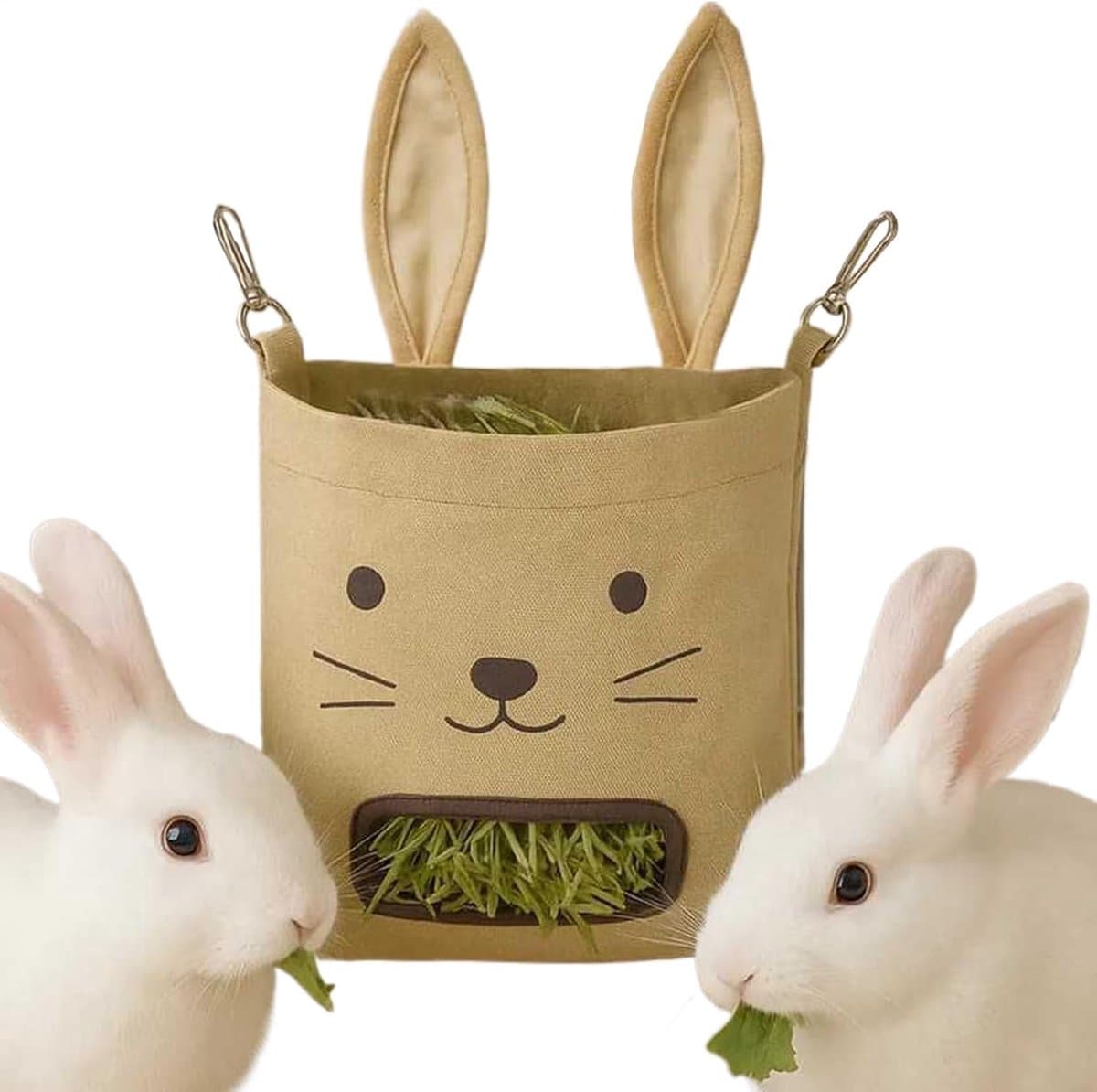 Hooi Houder - Voerzak Konijn - Natuurlijk Eten - Dubbele Haken - 30 x 20 x 1 cm - Khaki — afbeelding 1