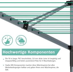 Droogmolen met 4 armen - Wasrek buiten Kledingdroger - Kleding Drogen - 50 meter waslijn - 213 cm hoog - Zilver — thumbnail 4