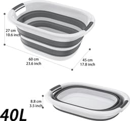 Opvouwbare Wasmand 40L 60x45x27 cm - Inklapbare Wasmand met Handgrepen - Kunststof Wasgoedmand - Opbergmand voor Badkamer, Camping en Huishouden - Grijs met Wit — thumbnail 2