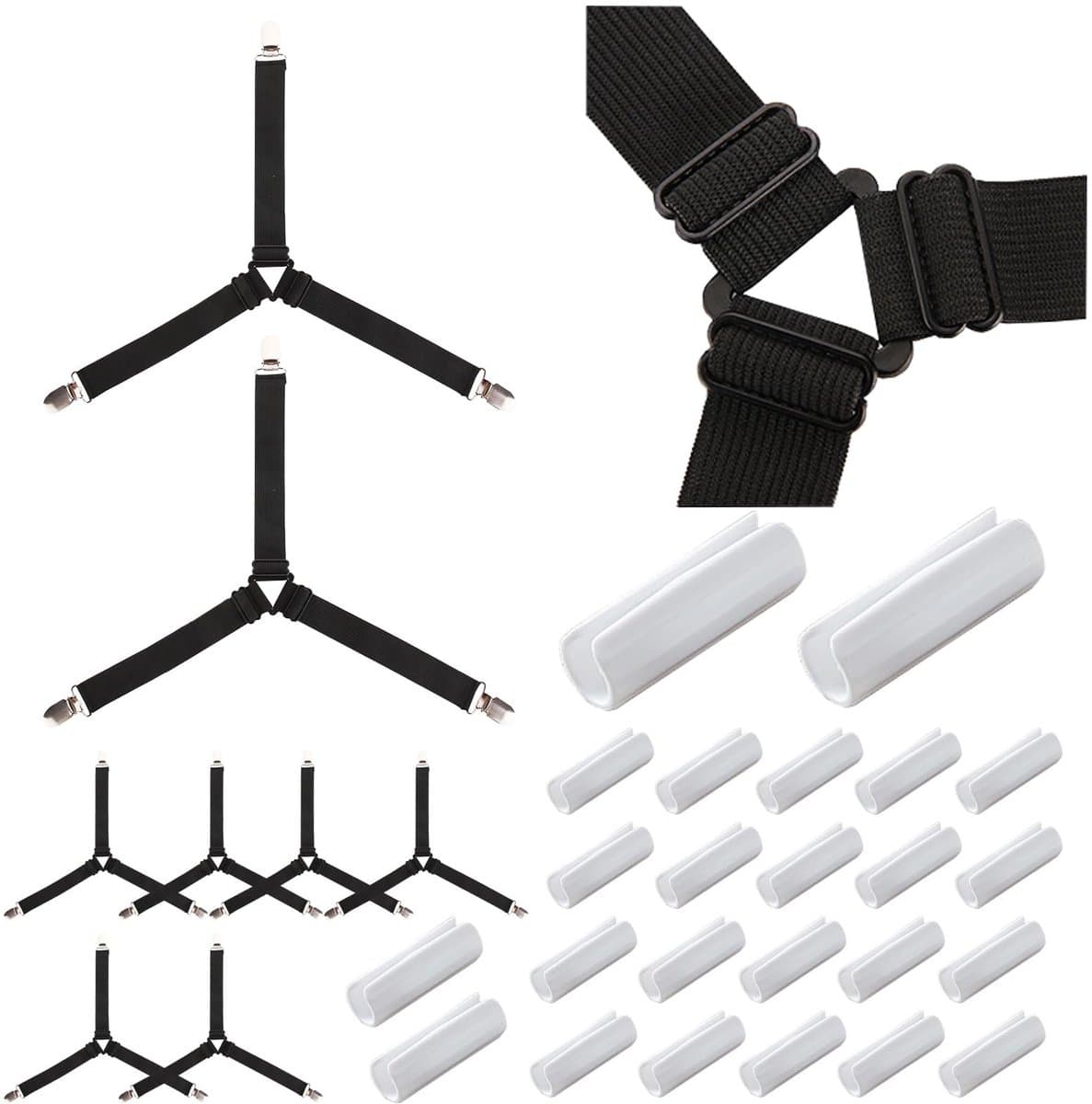 Dailygoods - Bedlakenhouders, set van 8 stuks, verstelbare bedbevestigingen, zwart, 24 stuks, dekbedovertrek, clips, wit, elastisch, voor laken, matras, strijkplank, bank — afbeelding 1