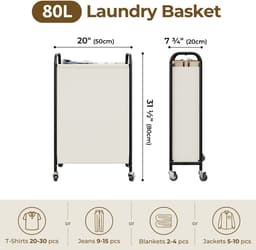 Dailygoods- Wasmand 80L smal - Wasmand met wielen - Kledingorganizer - Robuuste constructie - Ruimte-slim ontwerp - Beige - Opbergmand — thumbnail 3