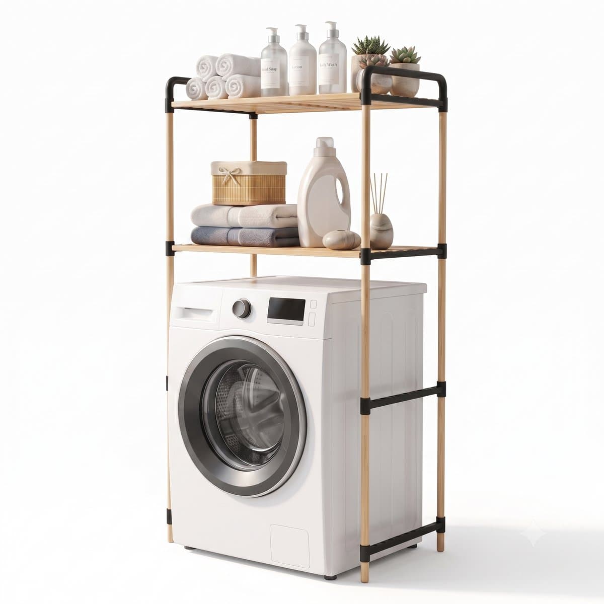 INDECOR Wasmachine Organizer Rek - Wasmachine Opbergrek met 2 Planken - Badkamer Opbergrek - Bovenbouwrek voor Wasmachine - Houten Opbergrek - 65 x 35 x 100 cm - Naturel/Zwart — afbeelding 1