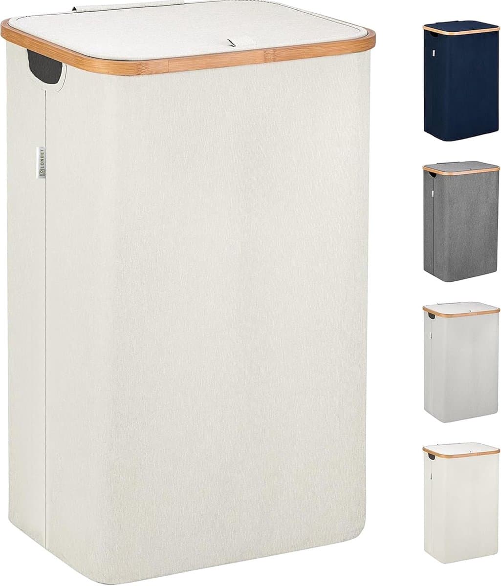 SnelShoppen - LONBET Wasmand met Deksel 100L - Grote Stijlvolle Wasmand van Ademend Materiaal met Stevig Bamboe Frame - Inclusief Verwijderbare Waszak — afbeelding 1