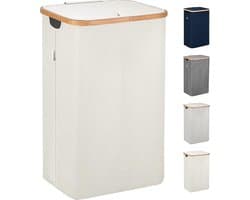 SnelShoppen - LONBET Wasmand met Deksel 100L - Grote Stijlvolle Wasmand van Ademend Materiaal met Stevig Bamboe Frame - Inclusief Verwijderbare Waszak